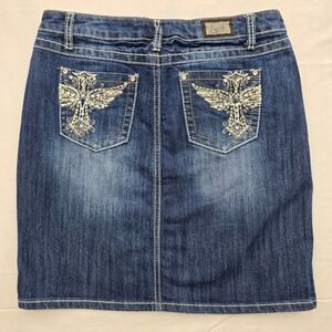 Earl Jean Women Dark Wash Denim Mini Skirt Cross Wing Rhinestone Size 10 Y2K